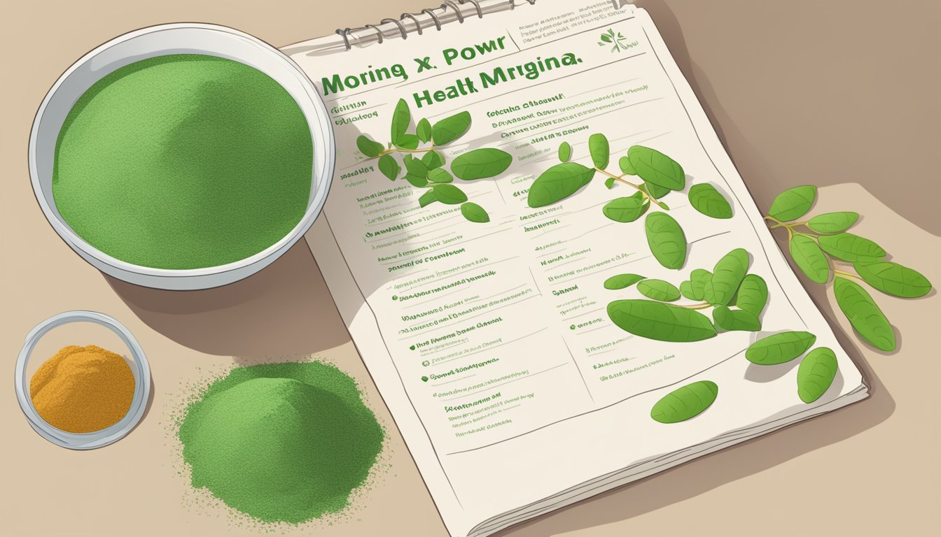 A pile of moringa powder sits next to a list of specific health conditions. A red "X" is drawn over the powder