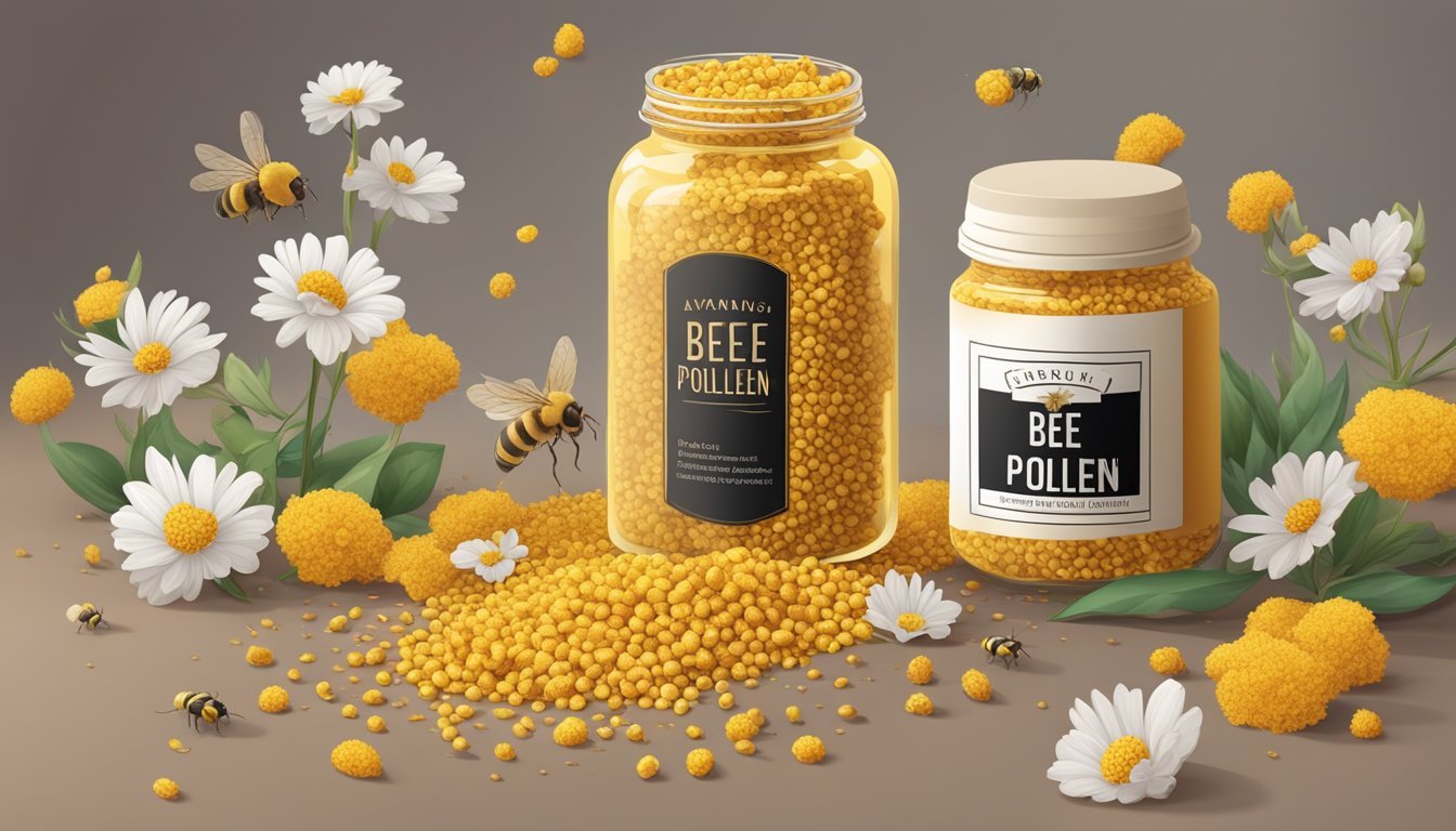 A jar of bee pollen overturned, spilling onto a table surrounded by wilted flowers and a warning label