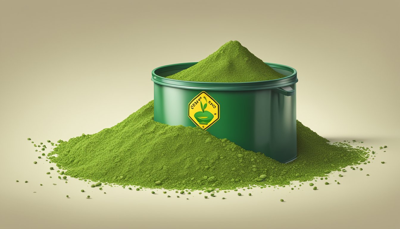 A pile of moringa powder spilling out of a broken container, with a warning sign next to it