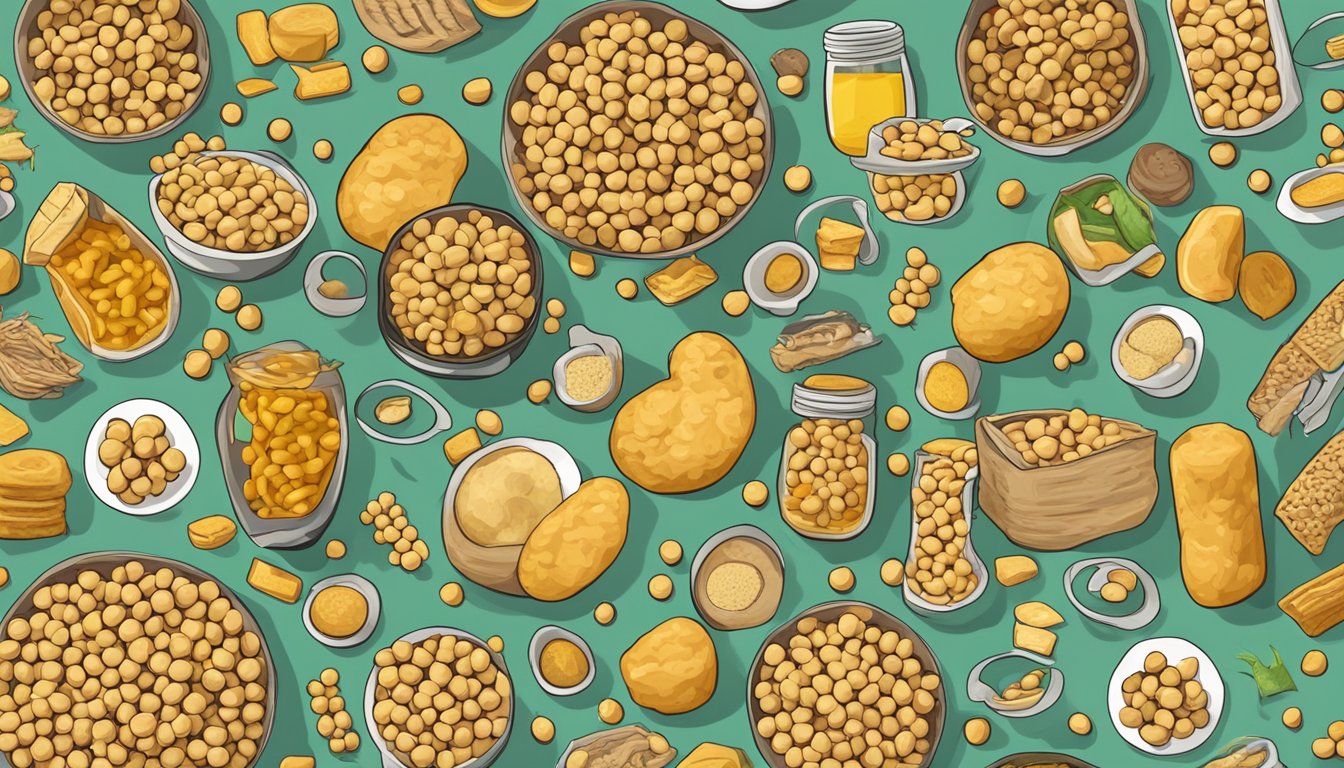 A pile of chickpea snacks surrounded by warning signs and symbols of potential health risks