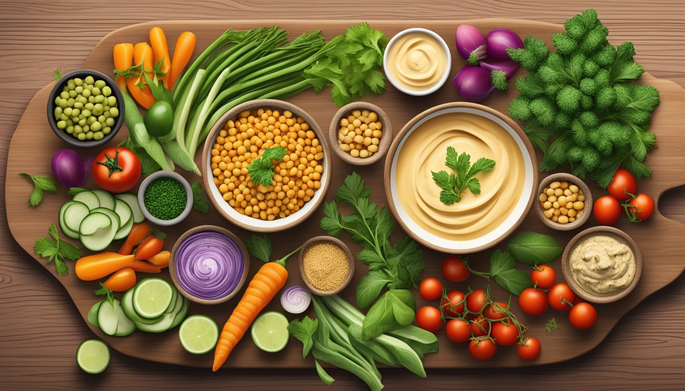 A colorful array of fresh chickpeas, vegetables, and herbs arranged on a wooden cutting board, with a vibrant bowl of homemade hummus in the center