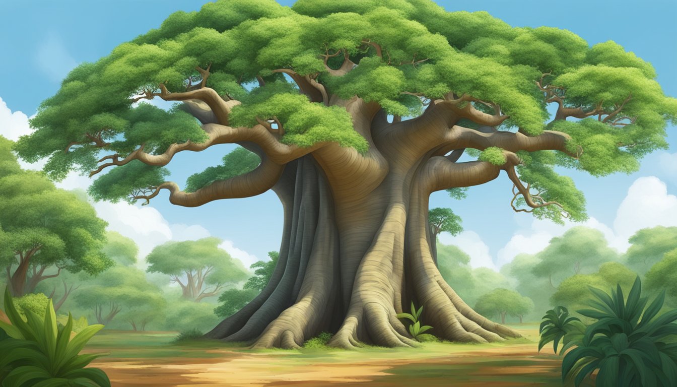 A baobab tree with vibrant green leaves and a large, gnarled trunk, surrounded by other trees and plants in a lush, tropical setting