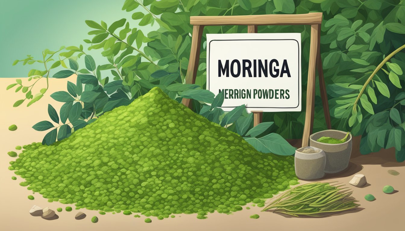 A pile of moringa powder sits next to a warning sign, surrounded by wilted plants and sickly animals