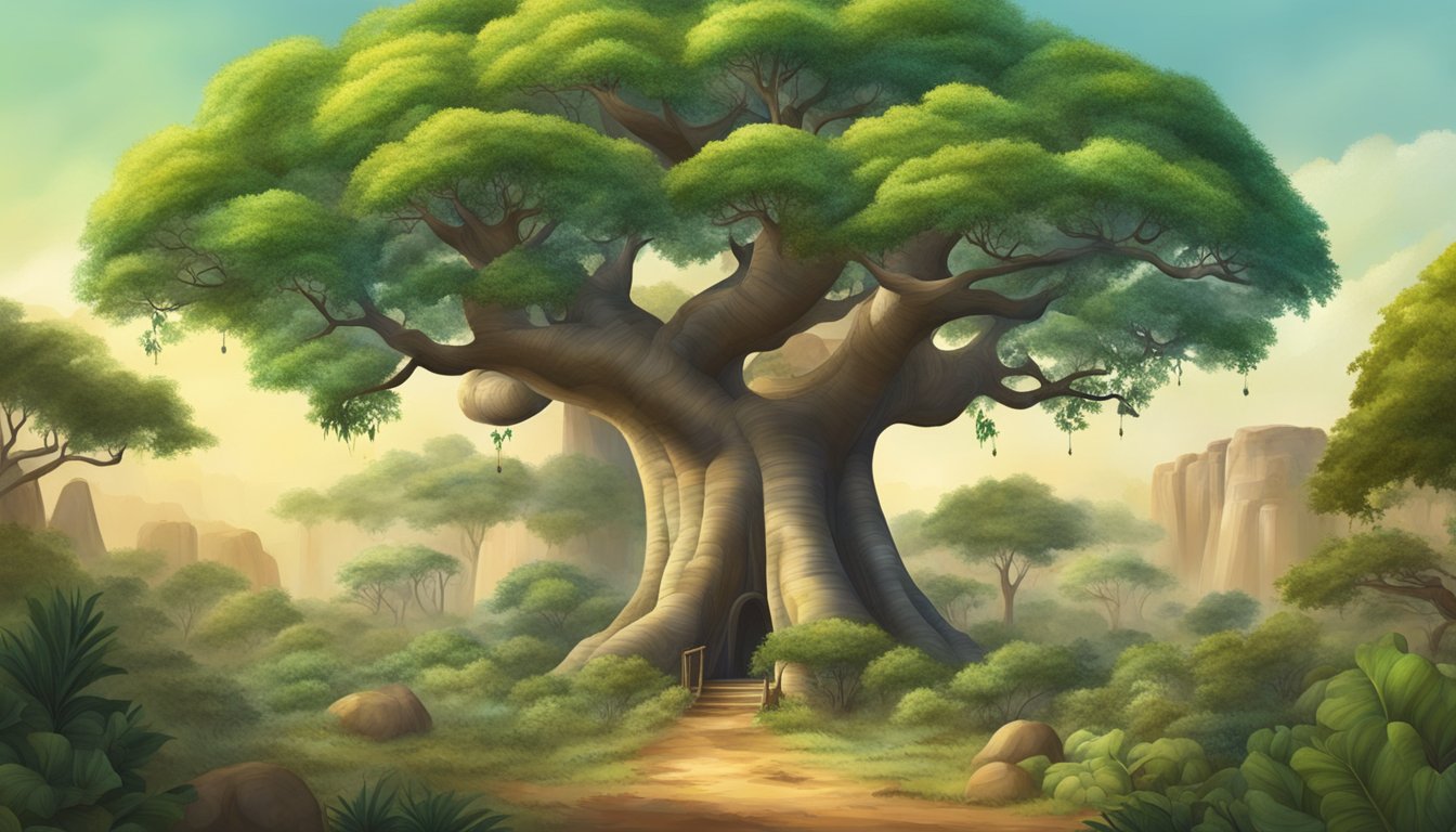 A baobab tree with vibrant green leaves and a large, bulbous fruit hanging from its branches, surrounded by a diverse array of wildlife