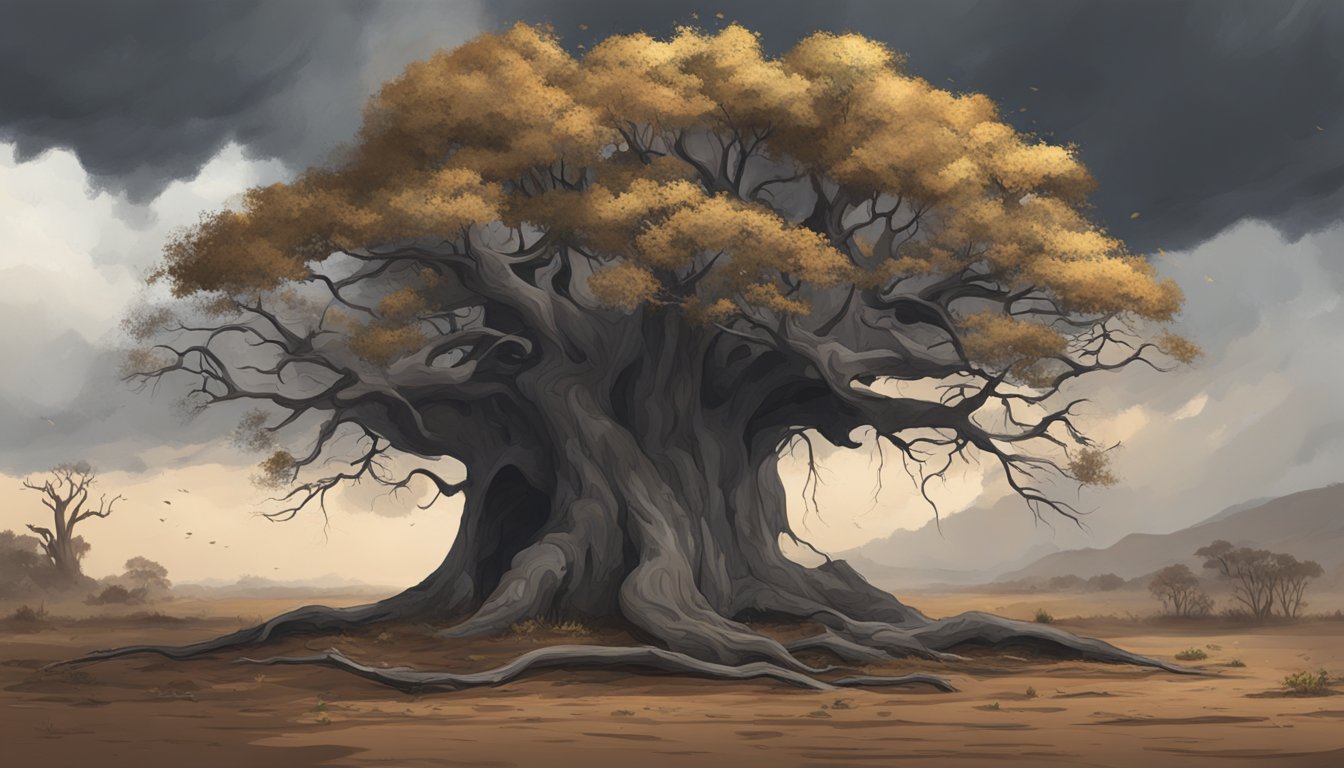 A dark storm cloud hovers over a withered baobab tree, while wilted leaves litter the ground below