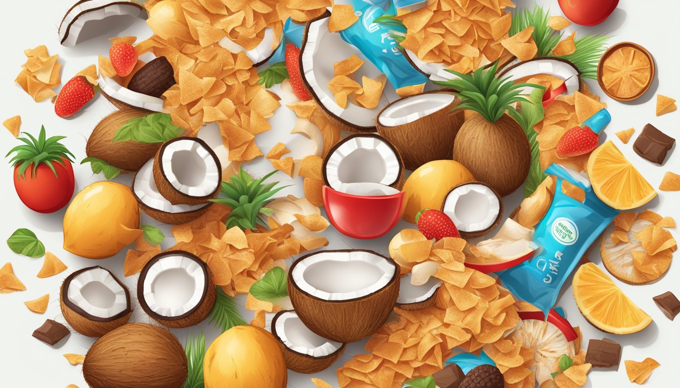 A pile of coconut chips surrounded by unhealthy food icons and a red warning sign