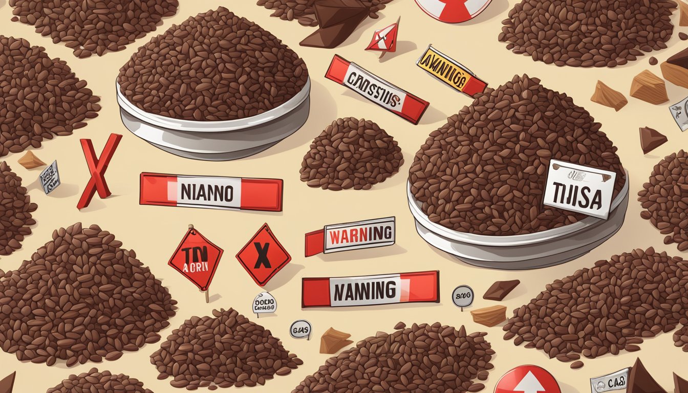 A pile of cacao nibs surrounded by warning signs and red X's