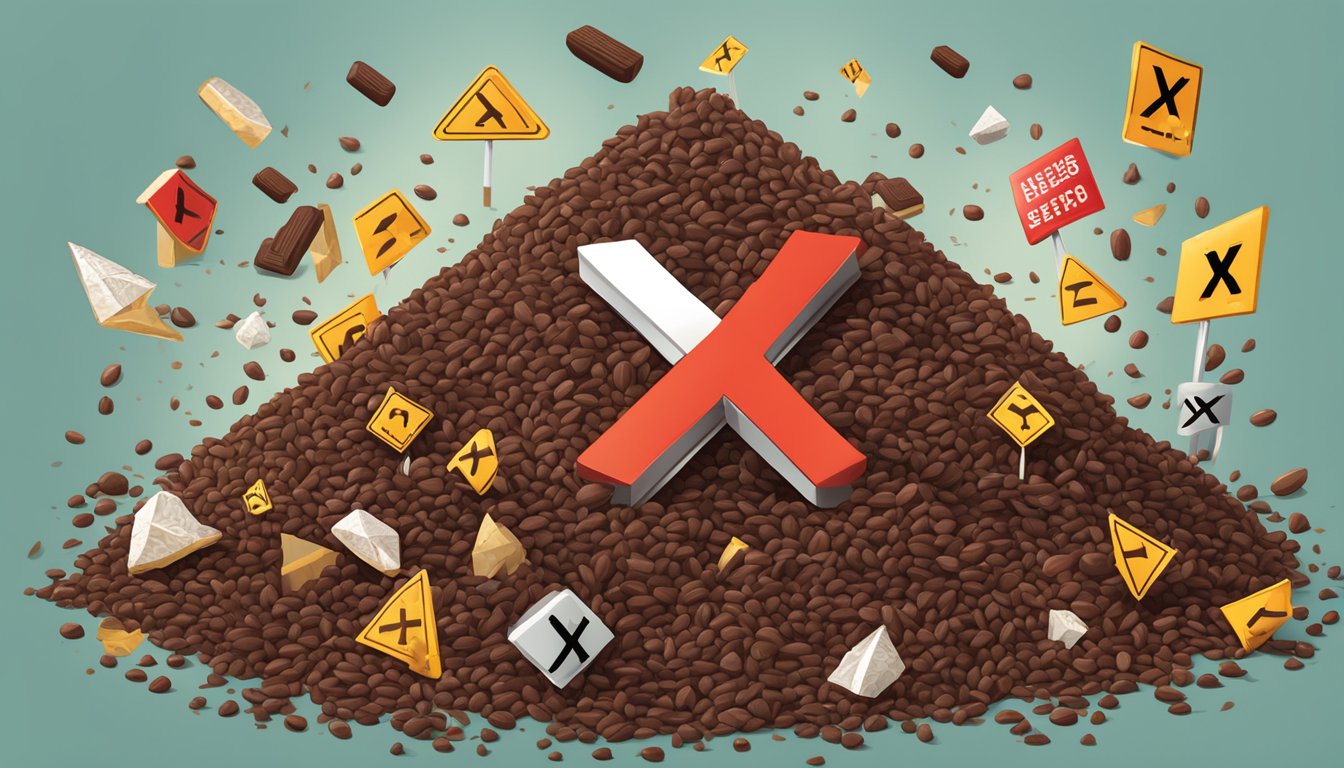 A pile of cacao nibs surrounded by warning signs and a red "X" mark