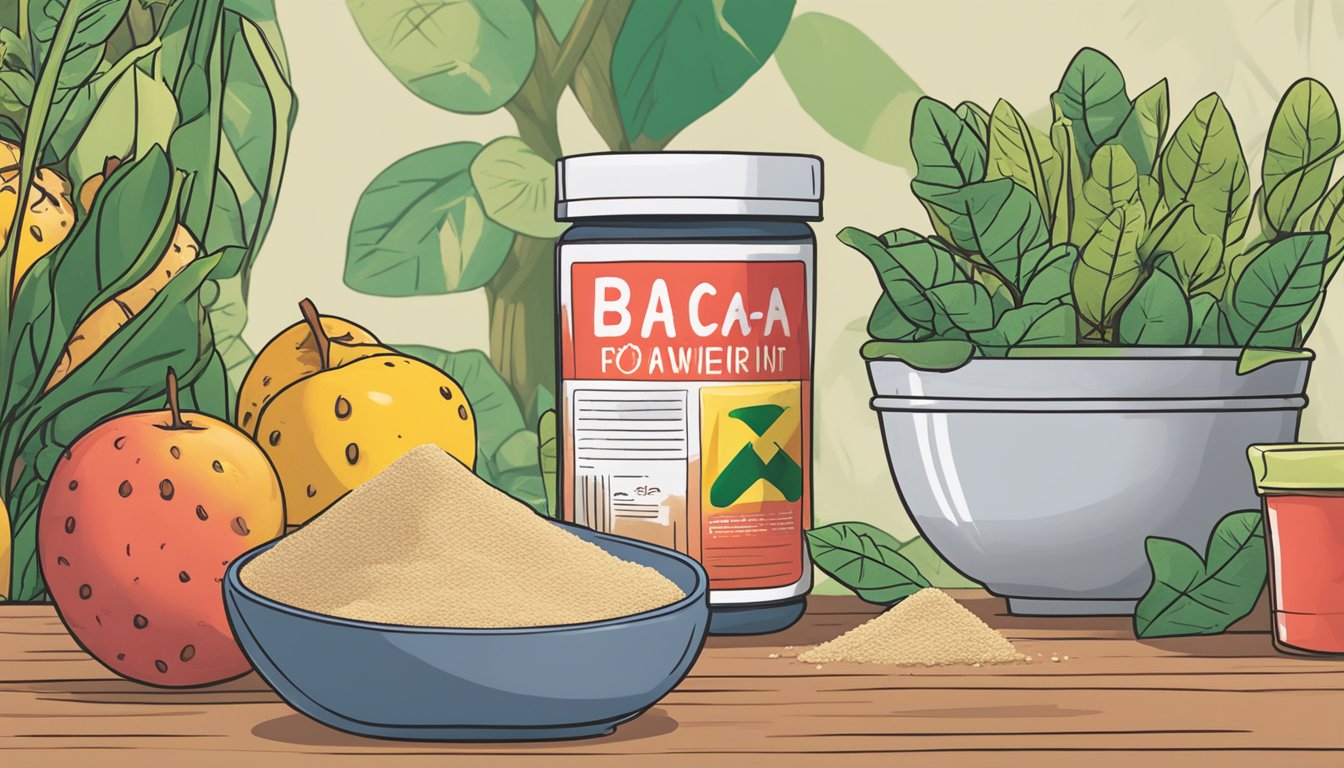 A pile of baobab powder sits next to a warning sign. A red "X" is drawn over a bowl of fruit, indicating it is not healthy