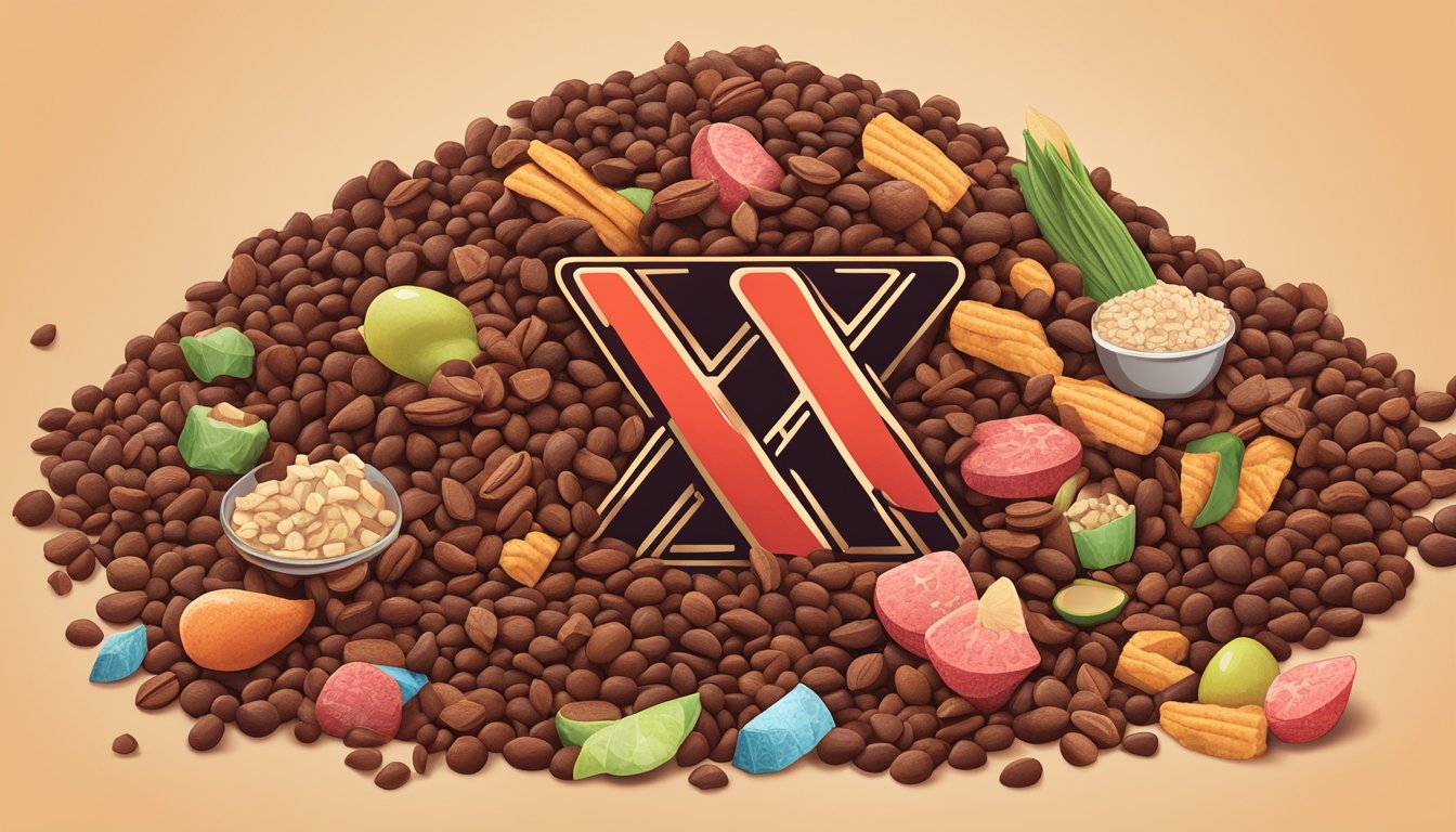 A pile of cacao nibs surrounded by various unhealthy food items, with a red "X" over them to indicate their lack of health benefits