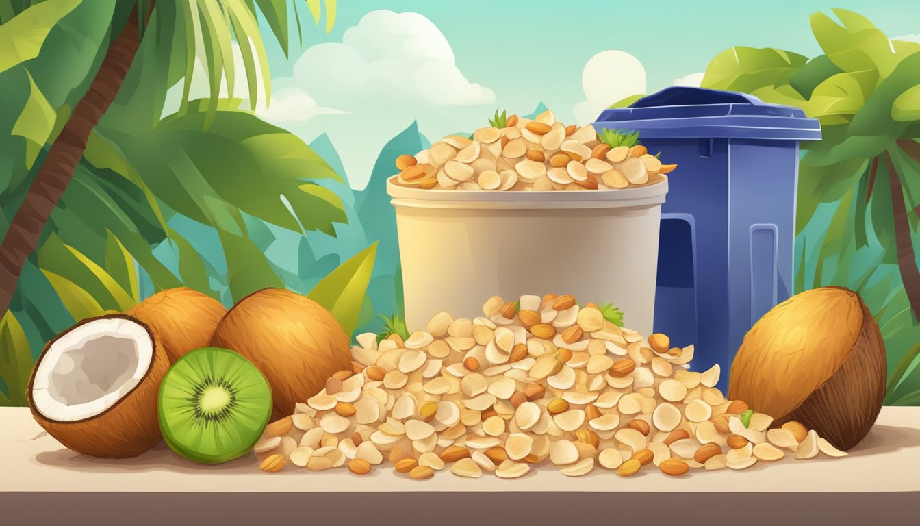 A pile of coconut chips next to a trash can, with a variety of fresh fruits and nuts displayed in a vibrant and appealing manner