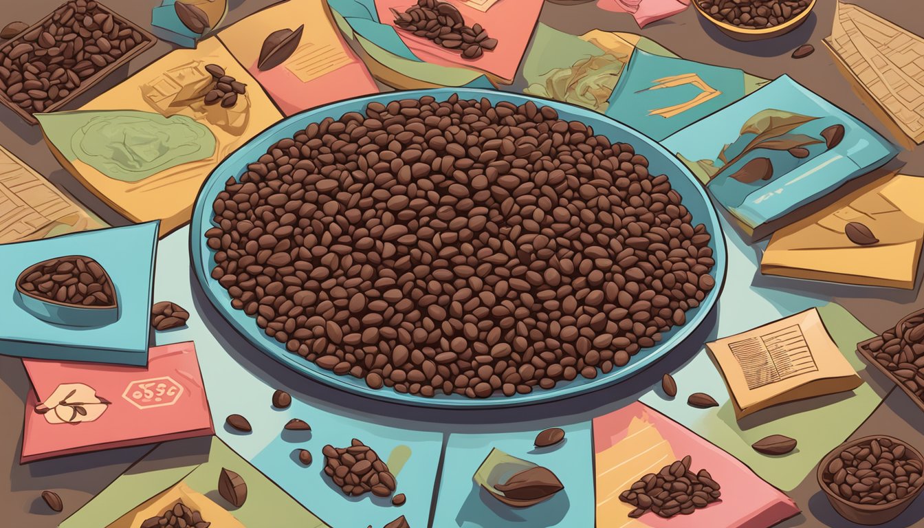 A pile of cacao nibs surrounded by warning signs and symbols of potential health risks