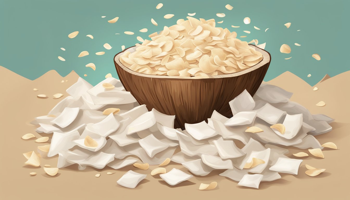 A pile of oversized coconut chips spills out of a small snack-sized bag, emphasizing the discrepancy between the serving size and the actual amount consumed