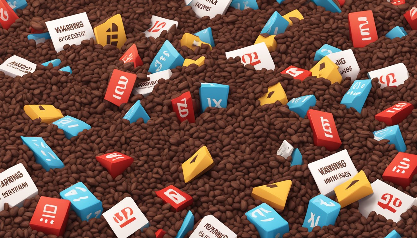 A pile of cacao nibs surrounded by warning signs and red X symbols