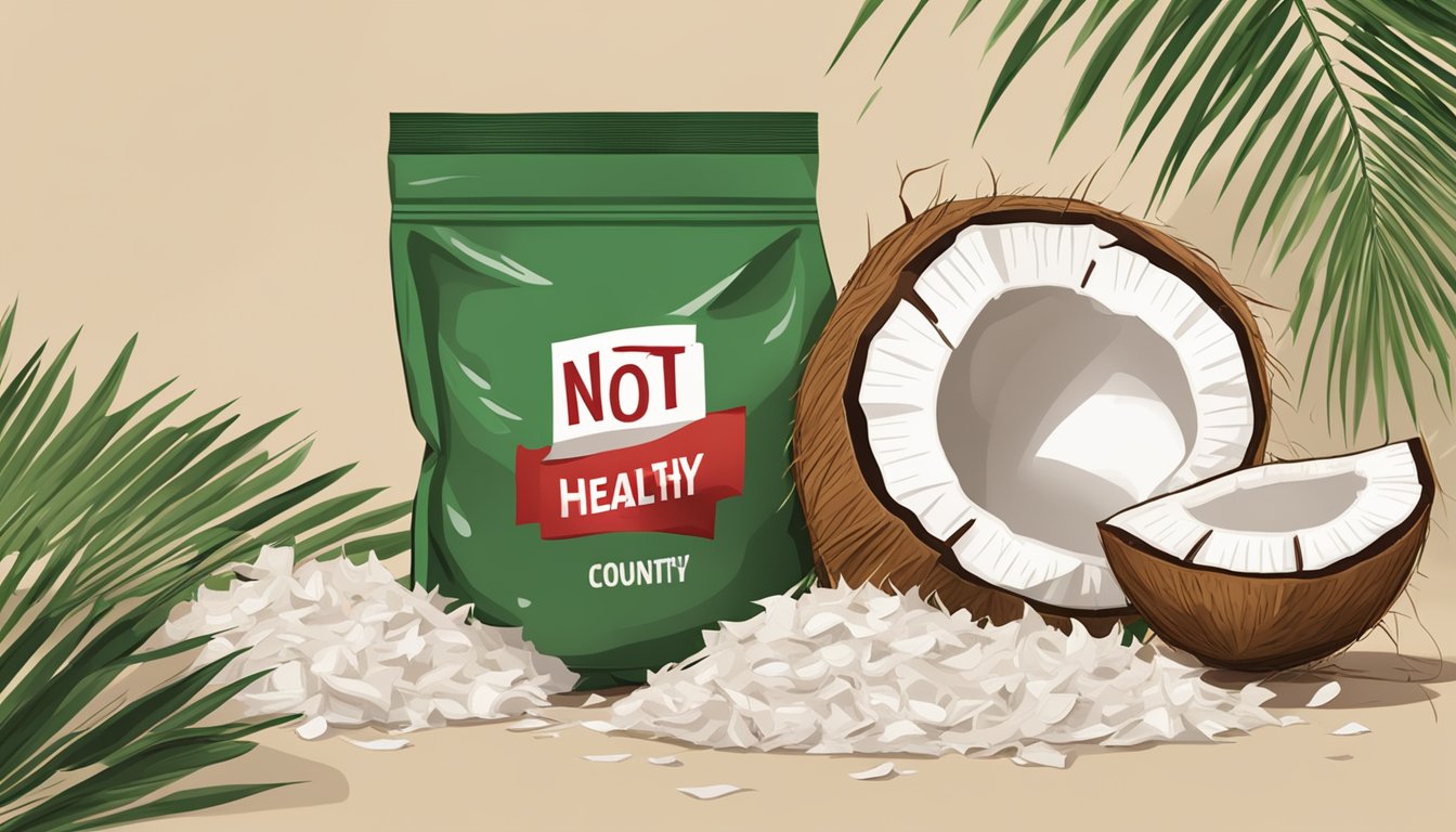 A pile of coconut chips spilling out of a torn bag, surrounded by wilted and browned coconut leaves, with a red "not healthy" stamp on the packaging