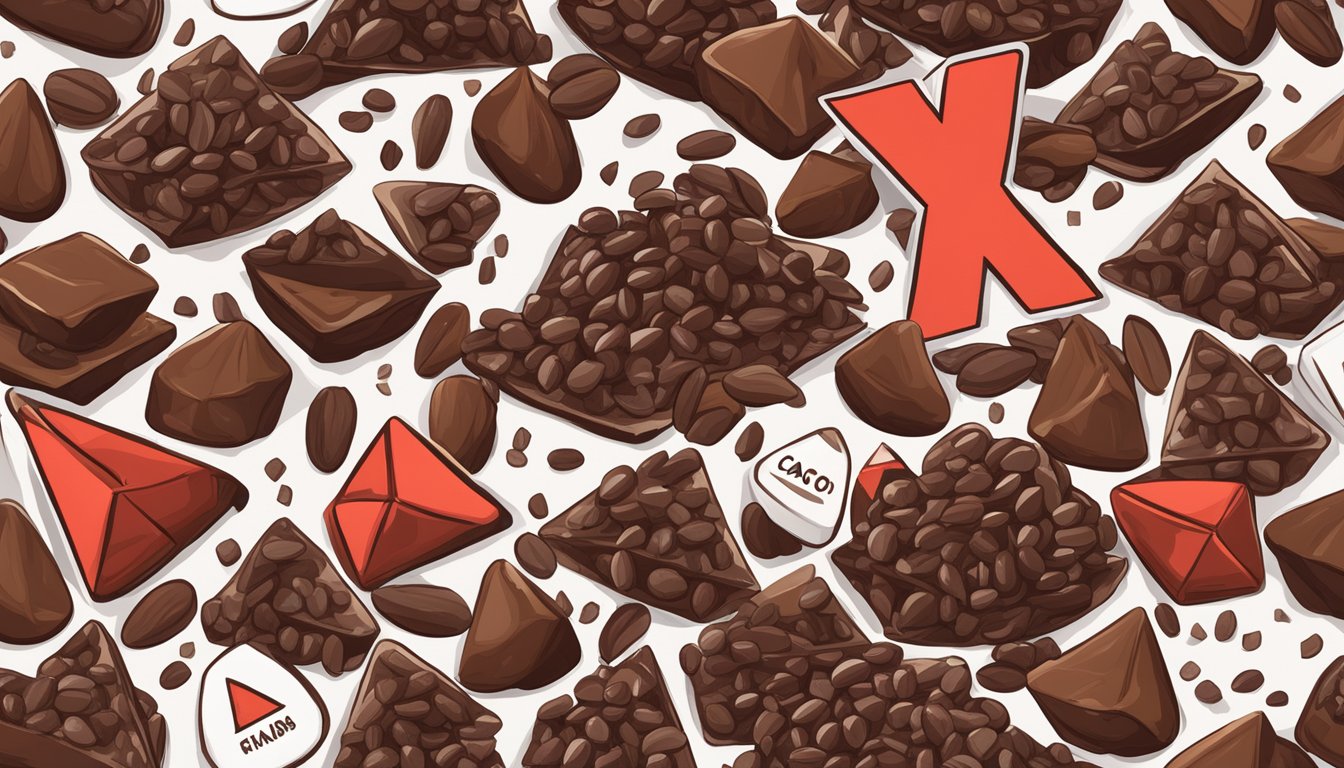 A pile of cacao nibs surrounded by warning signs and red X marks