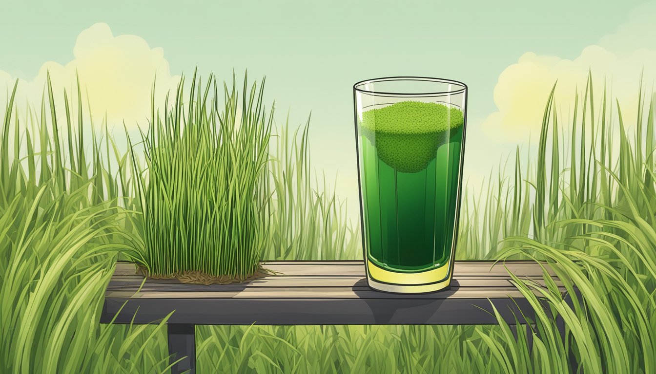 A glass of wheatgrass juice surrounded by wilted wheatgrass and a warning sign