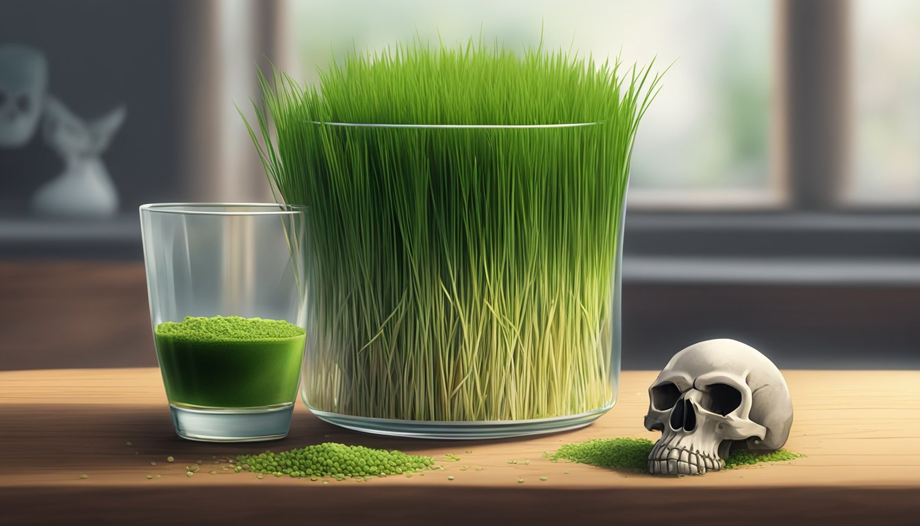 A glass of wheatgrass sits next to a pile of wilted wheatgrass, with a red "X" over it. A warning sign with a skull and crossbones is placed in front of the glass