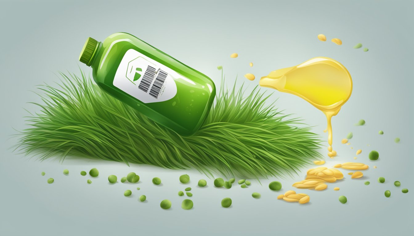 A bottle of wheatgrass juice spills, with wilted wheatgrass and a warning sign nearby