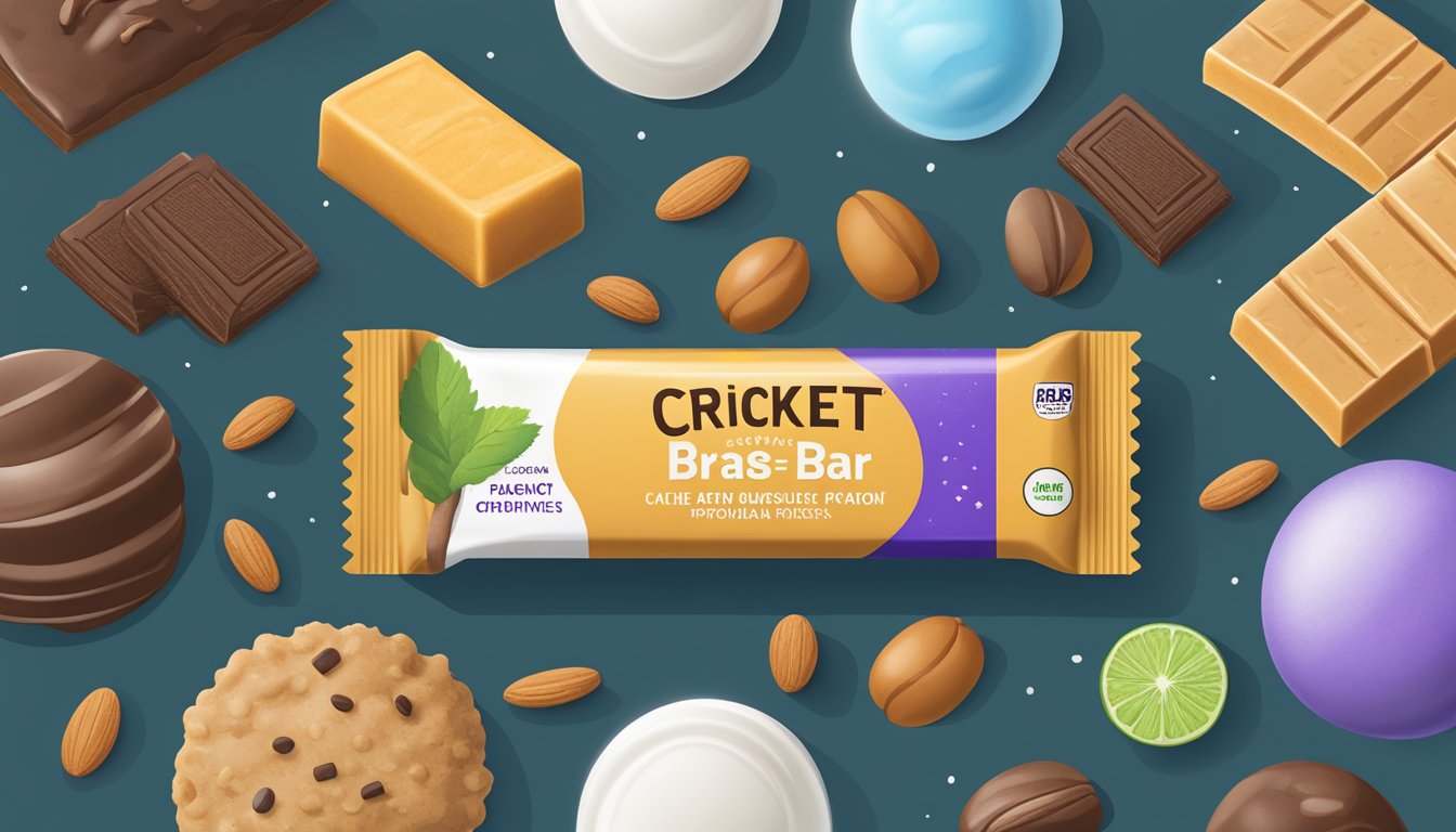 A cricket protein bar surrounded by unhealthy ingredients like sugar, artificial flavors, and preservatives, while a variety of natural protein sources stand nearby