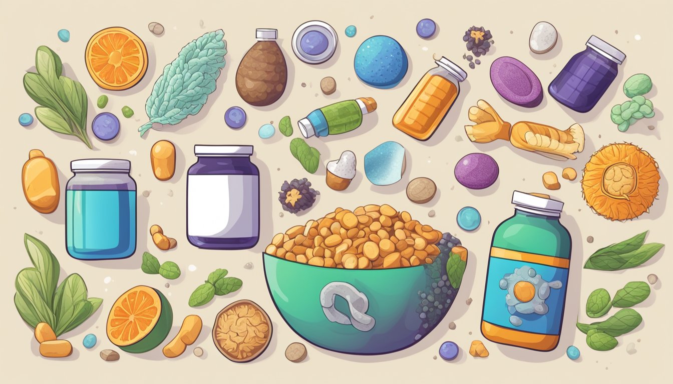 A colorful array of unhealthy prebiotic fiber supplements surrounded by warning signs and symbols of negative health effects