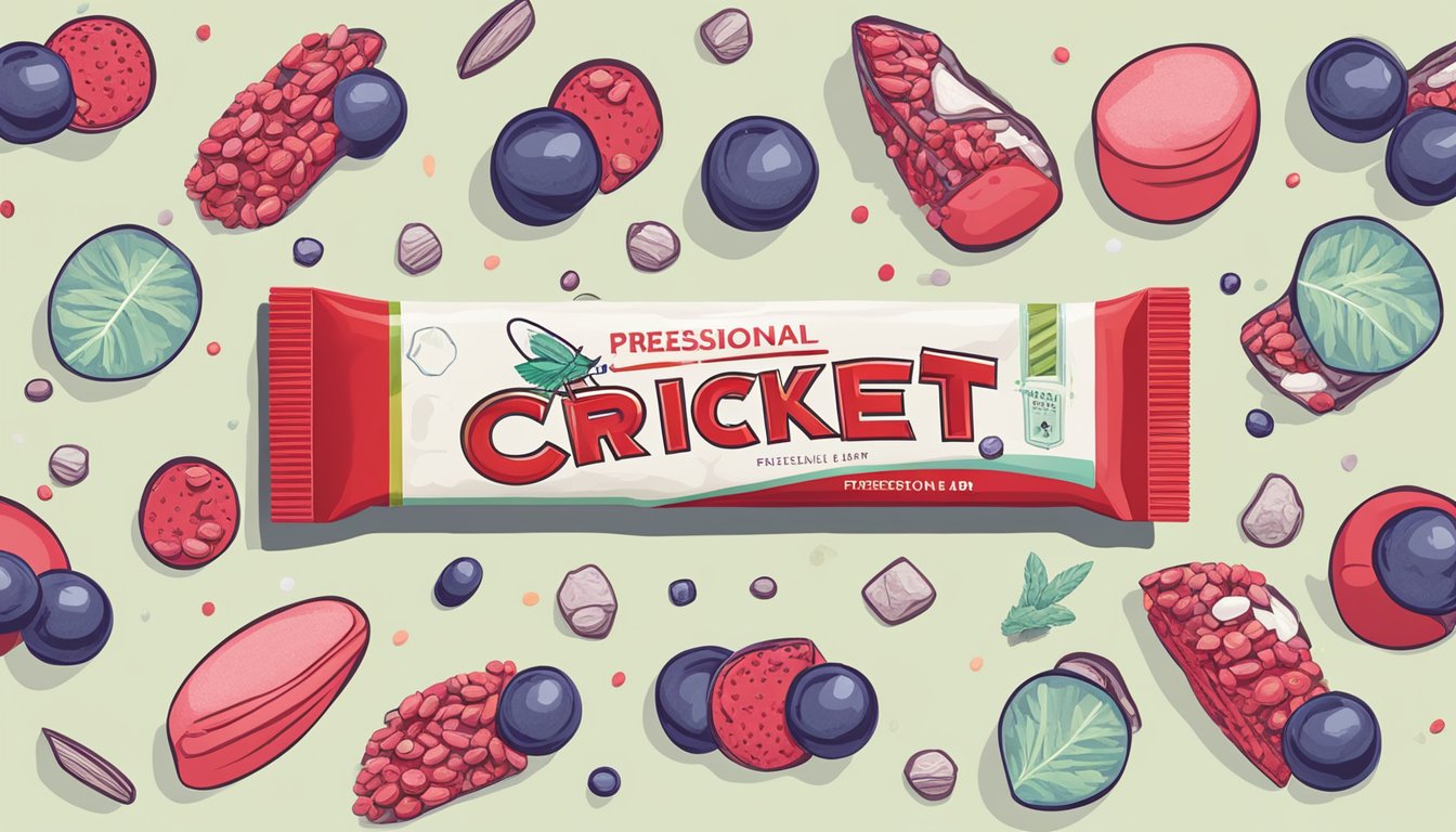 A cricket protein bar surrounded by various chemical additives and preservatives, with a large red "X" over the bar to symbolize its lack of healthiness