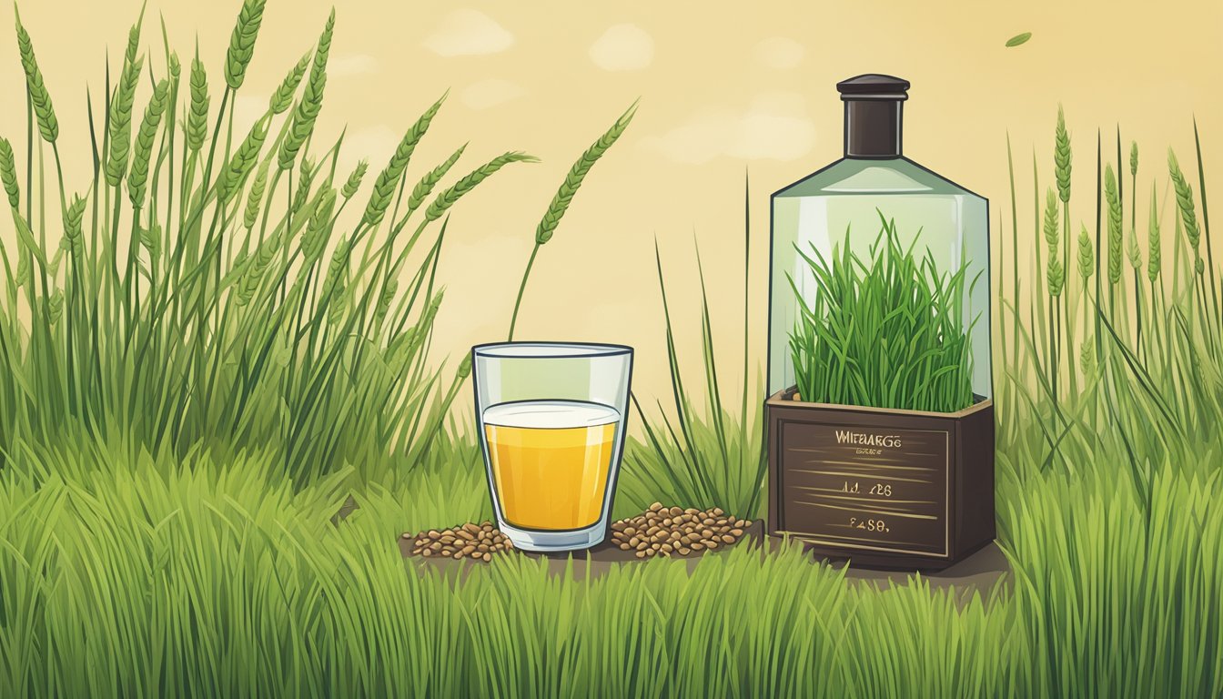 A glass of wheatgrass juice surrounded by wilted and brown wheatgrass plants, with a warning sign next to it