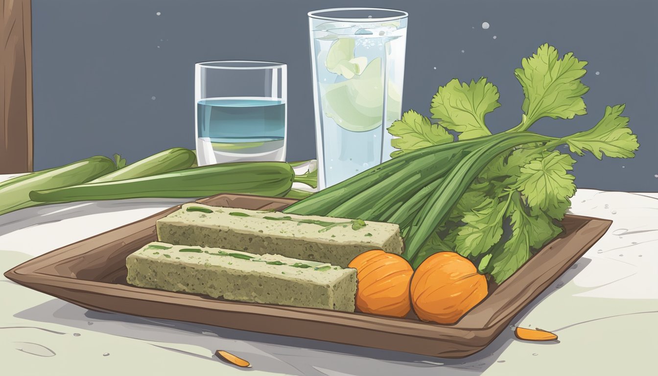 A cricket protein bar lies discarded on a plate, surrounded by wilted vegetables and a glass of water. The bar appears unappetizing and unappealing