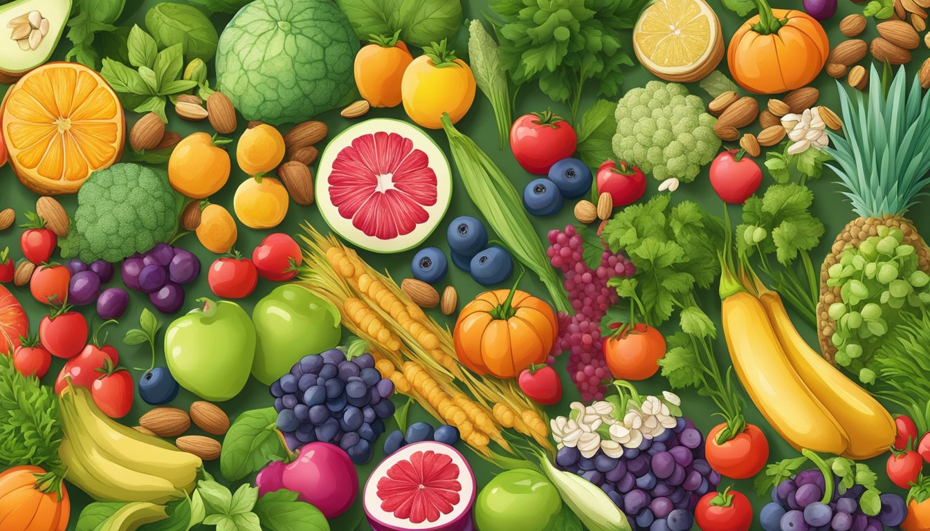 A colorful array of fresh fruits and vegetables, with a variety of whole grains and nuts, surrounded by vibrant greenery and blooming flowers