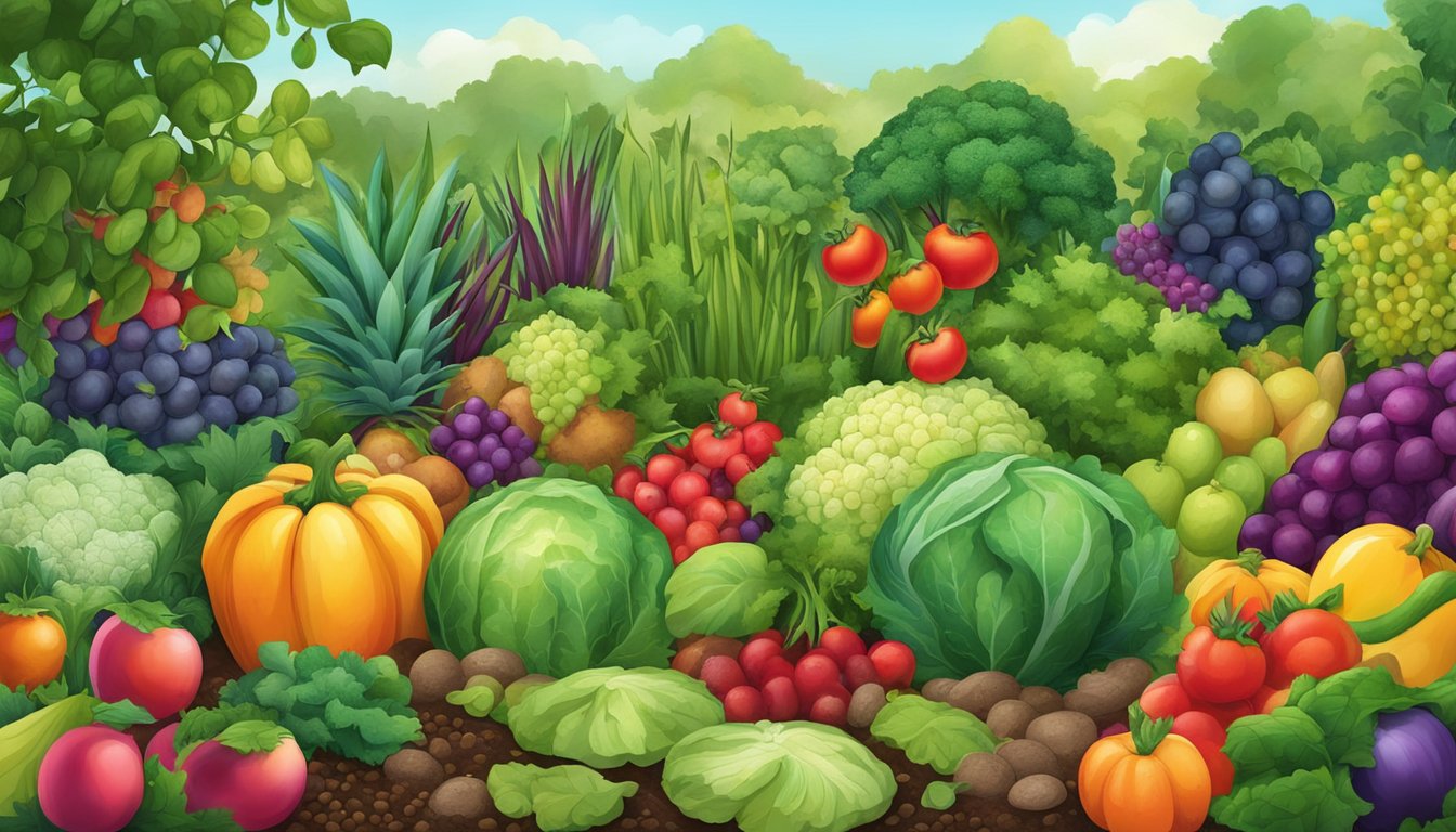 A lush garden with a variety of colorful fruits and vegetables, surrounded by vibrant, healthy soil teeming with diverse microorganisms