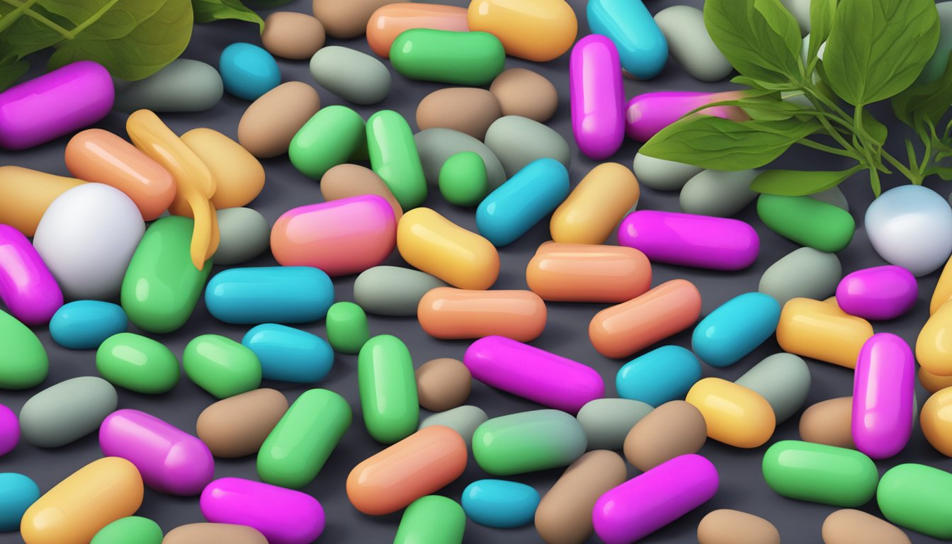 A pile of colorful prebiotic fiber supplement pills scattered on the ground, surrounded by wilted and unhealthy-looking plants