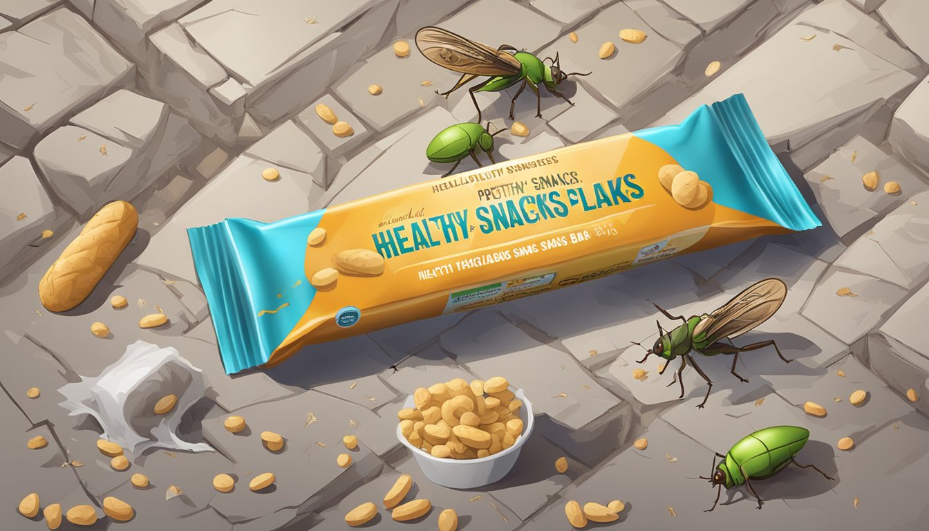 A cricket protein bar lies discarded on a cracked sidewalk, surrounded by swarming flies and overlooked by a sign advertising "healthy snacks."