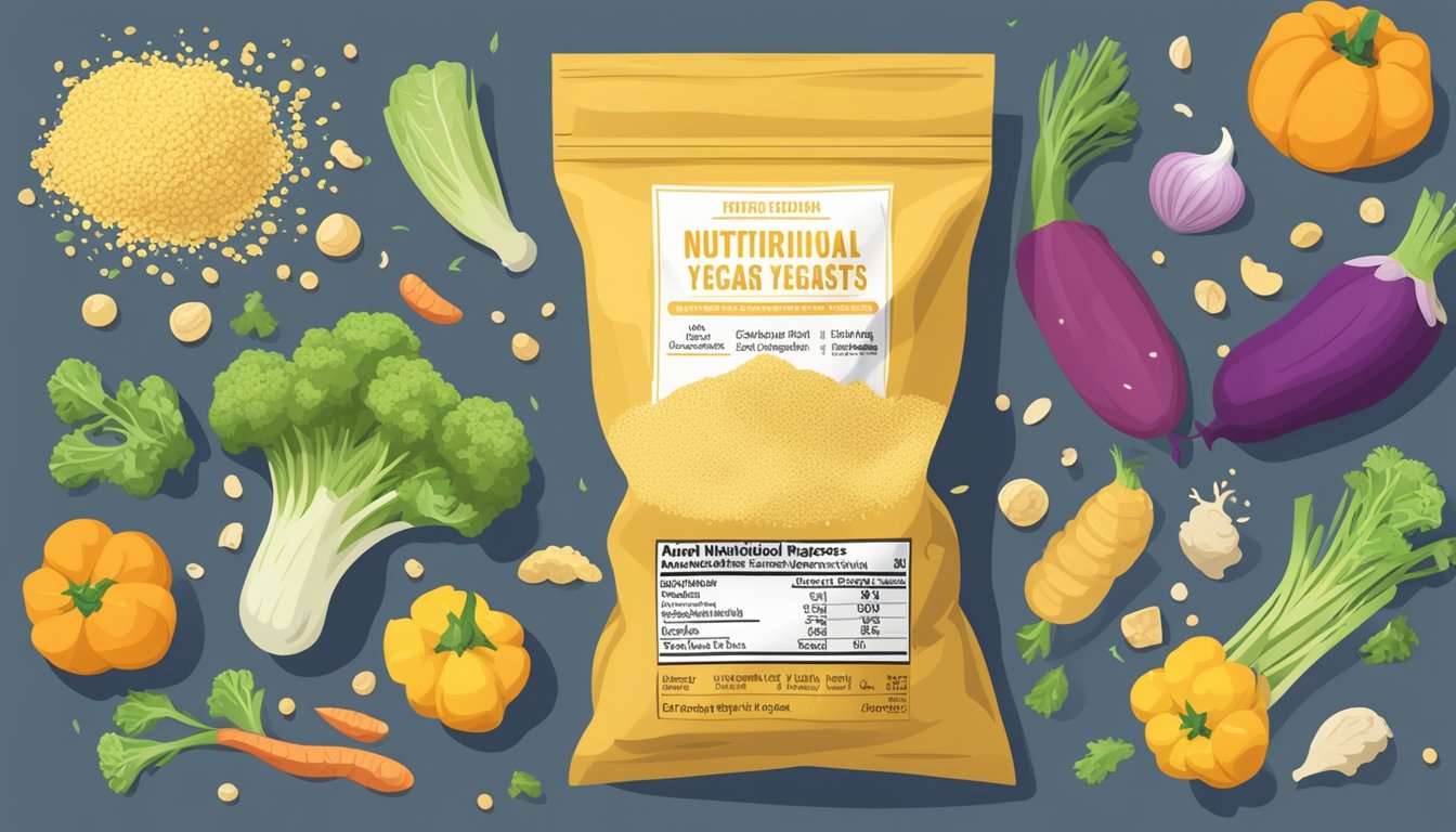 A pile of nutritional yeast spilling out of a torn bag, surrounded by wilted vegetables and a discarded nutrition label