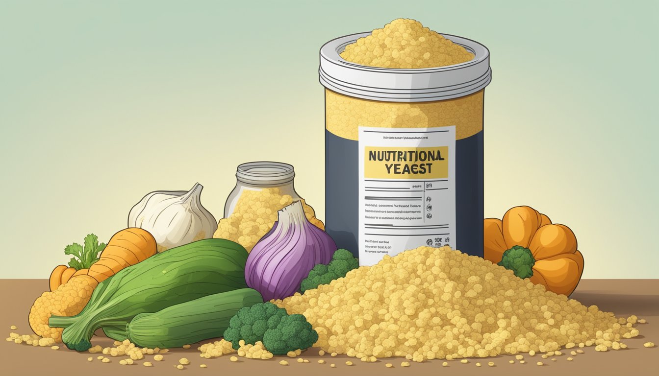 A pile of nutritional yeast surrounded by wilted vegetables and a warning label