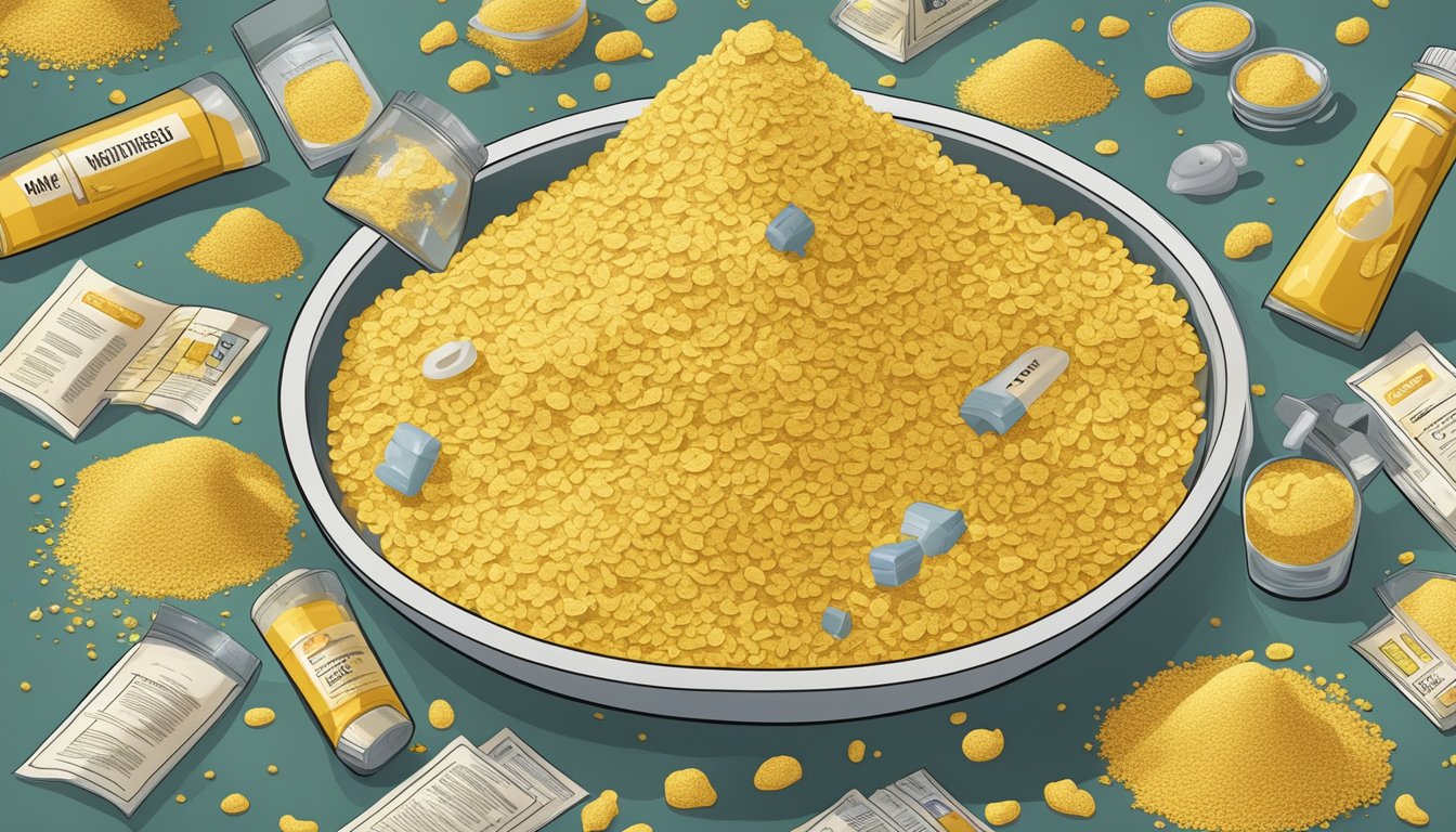 A pile of nutritional yeast surrounded by warning signs and symbols of potential health risks