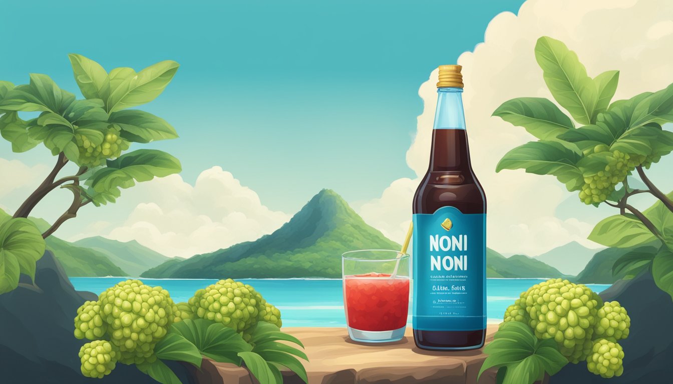 A lush, tropical island with noni fruit trees, a clear blue sky, and a bottle of noni juice with a red X over it