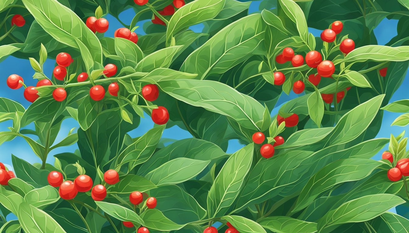 A vibrant, lush field of Ashwagandha plants, with their distinctive small green leaves and red berries, stretching out towards a bright blue sky