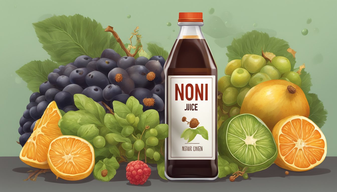 A bottle of noni juice surrounded by wilted and rotting fruits, with a warning sign and a red "X" mark over it