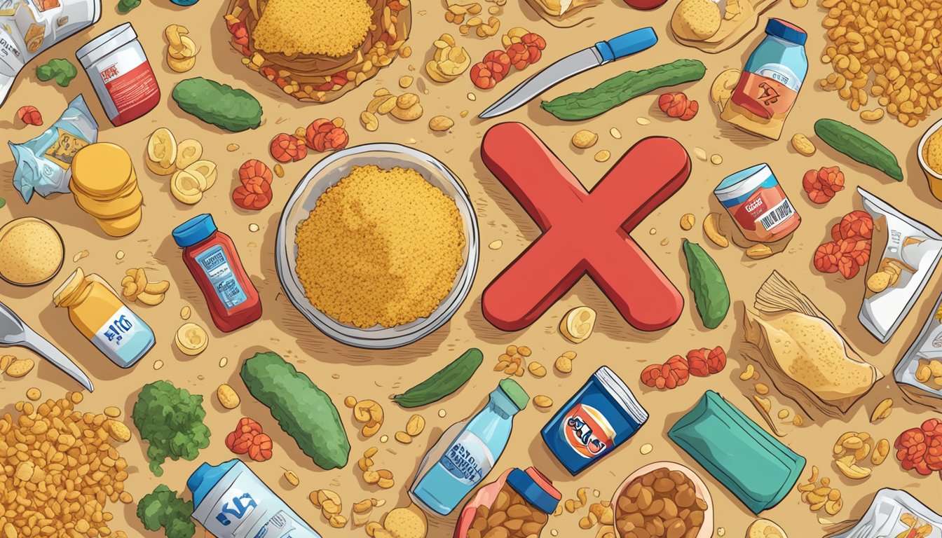 A pile of nutritional yeast surrounded by unhealthy food items, with a red "X" over it