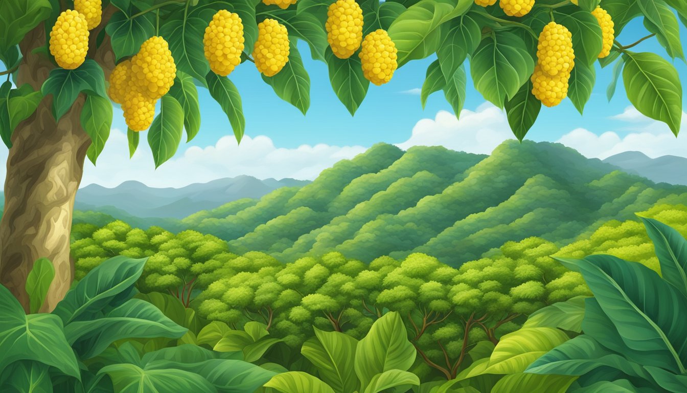 A lush, tropical landscape with a noni fruit tree surrounded by vibrant green foliage and ripe, yellow fruit hanging from the branches