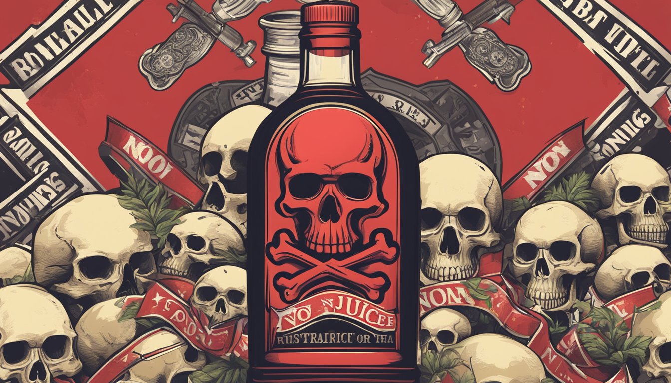 A bottle of noni juice surrounded by warning signs and red flags, with a skull and crossbones symbol in the background