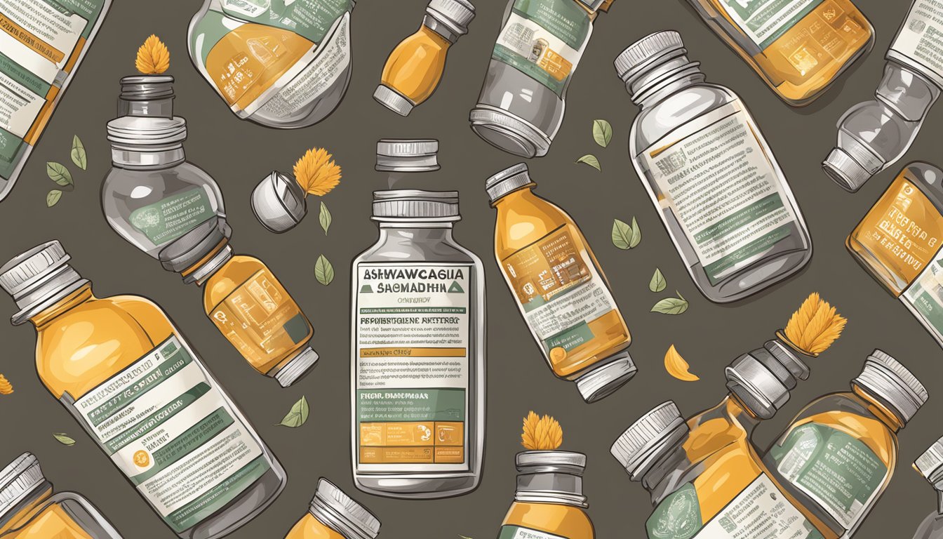 A bottle of ashwagandha supplements surrounded by warning signs and symbols of danger