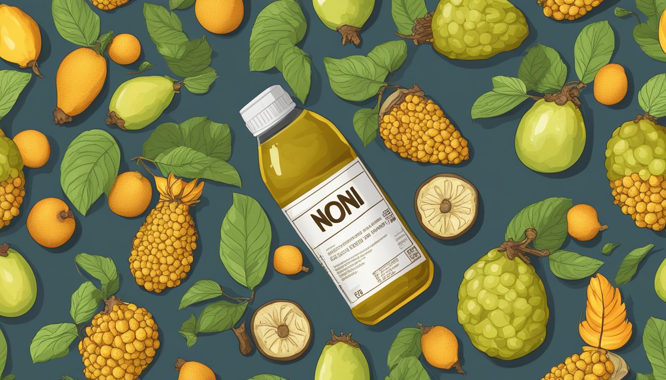 A bottle of noni juice surrounded by wilted and rotting fruits, with a warning sign next to it