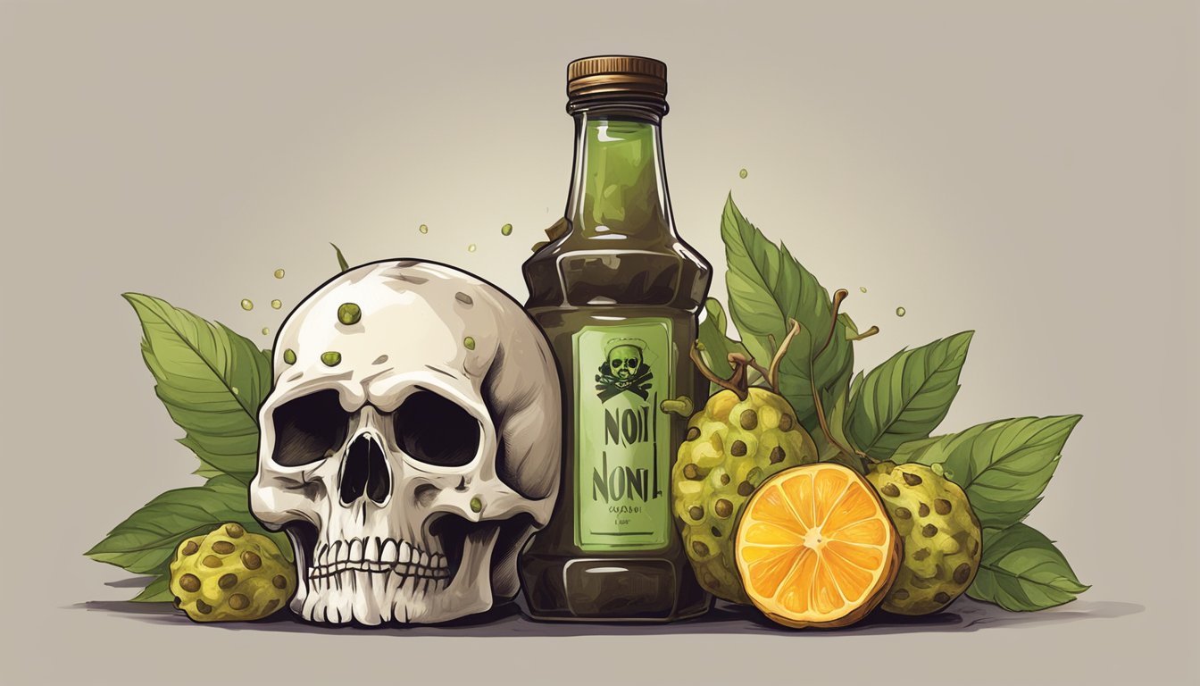 A bottle of noni juice surrounded by wilted and rotting fruit, with a skull and crossbones symbol in the background