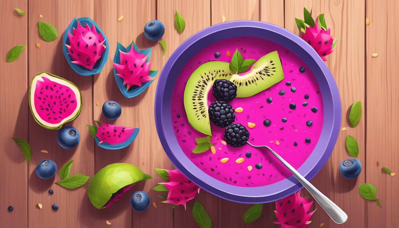 A vibrant dragon fruit smoothie bowl surrounded by fresh sliced fruit and seeds on a wooden table