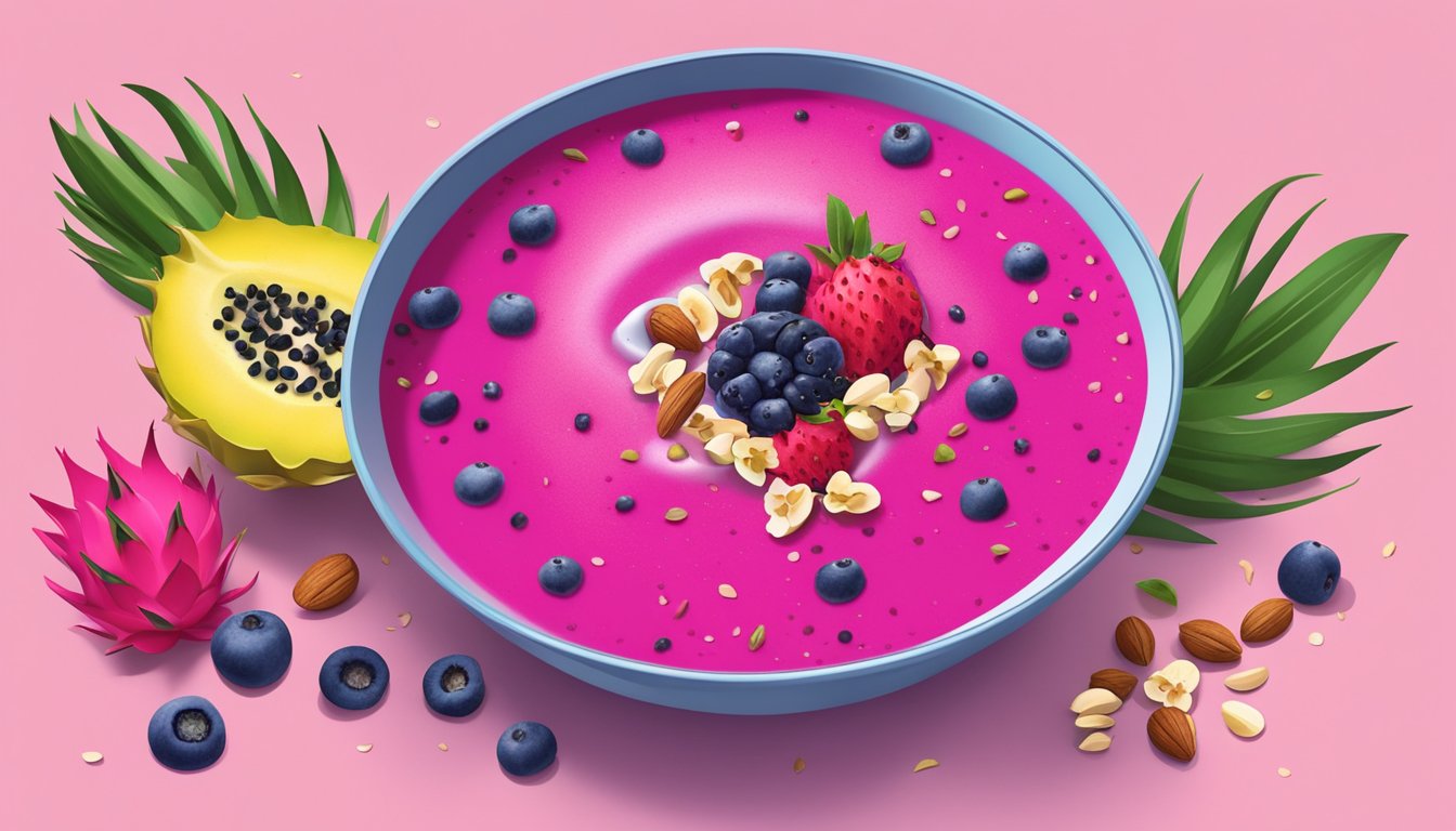 A vibrant dragon fruit smoothie bowl surrounded by fresh fruit, nuts, and seeds, with a spoon placed next to it