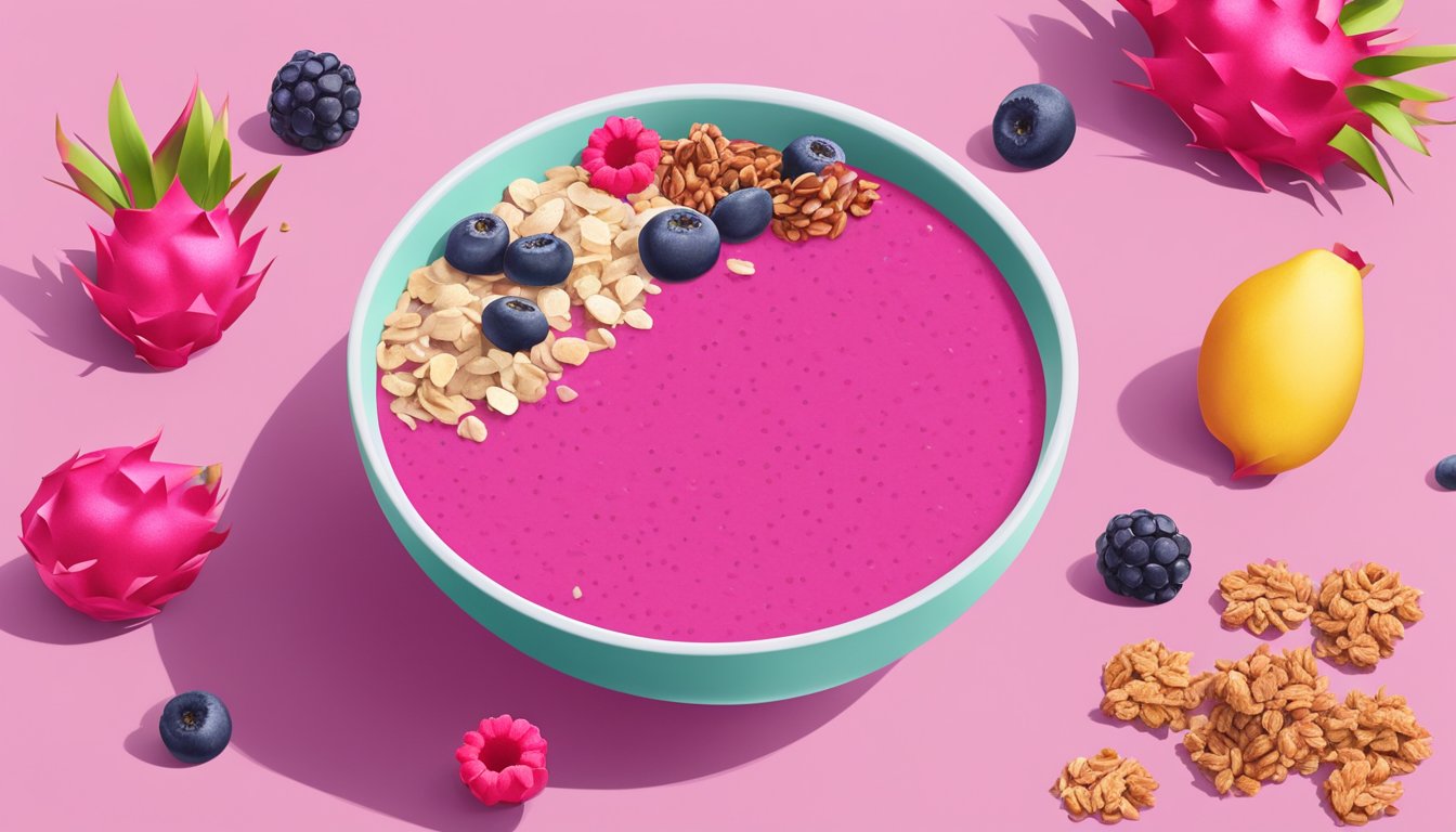 A dragon fruit smoothie bowl surrounded by unhealthy processed ingredients like sugar, granola, and artificial toppings, with a red "x" over the bowl