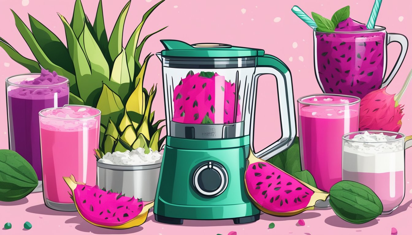 A blender filled with dragon fruit, spinach, and sugar sits on a kitchen counter, surrounded by various unhealthy additives like syrup and whipped cream