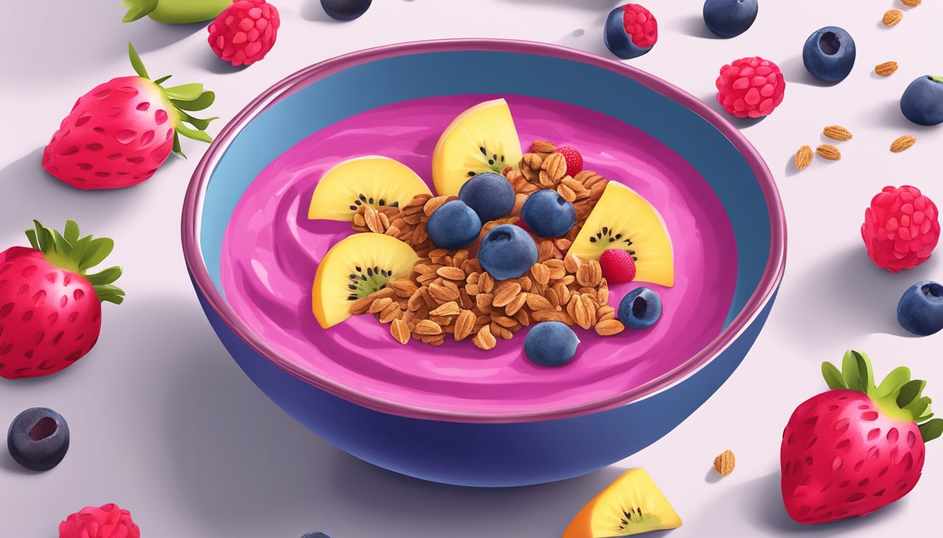 A vibrant dragon fruit smoothie bowl surrounded by fresh fruit and granola, but with a red "X" over it to indicate it's not as healthy as it seems