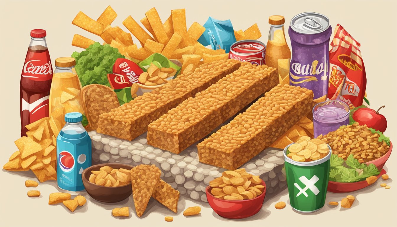 A pile of tempeh surrounded by unhealthy food items, such as soda and chips, with a red "X" over it, symbolizing the misconception of its health benefits